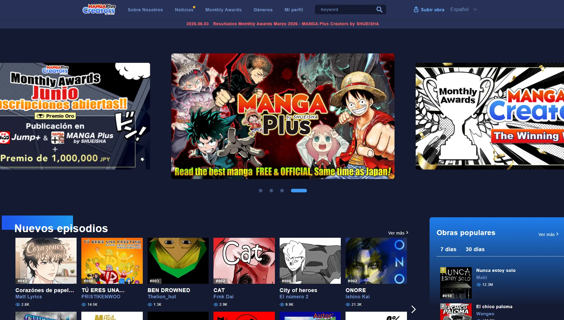 Manga Plus Creators Menú superior - Mi Perfil