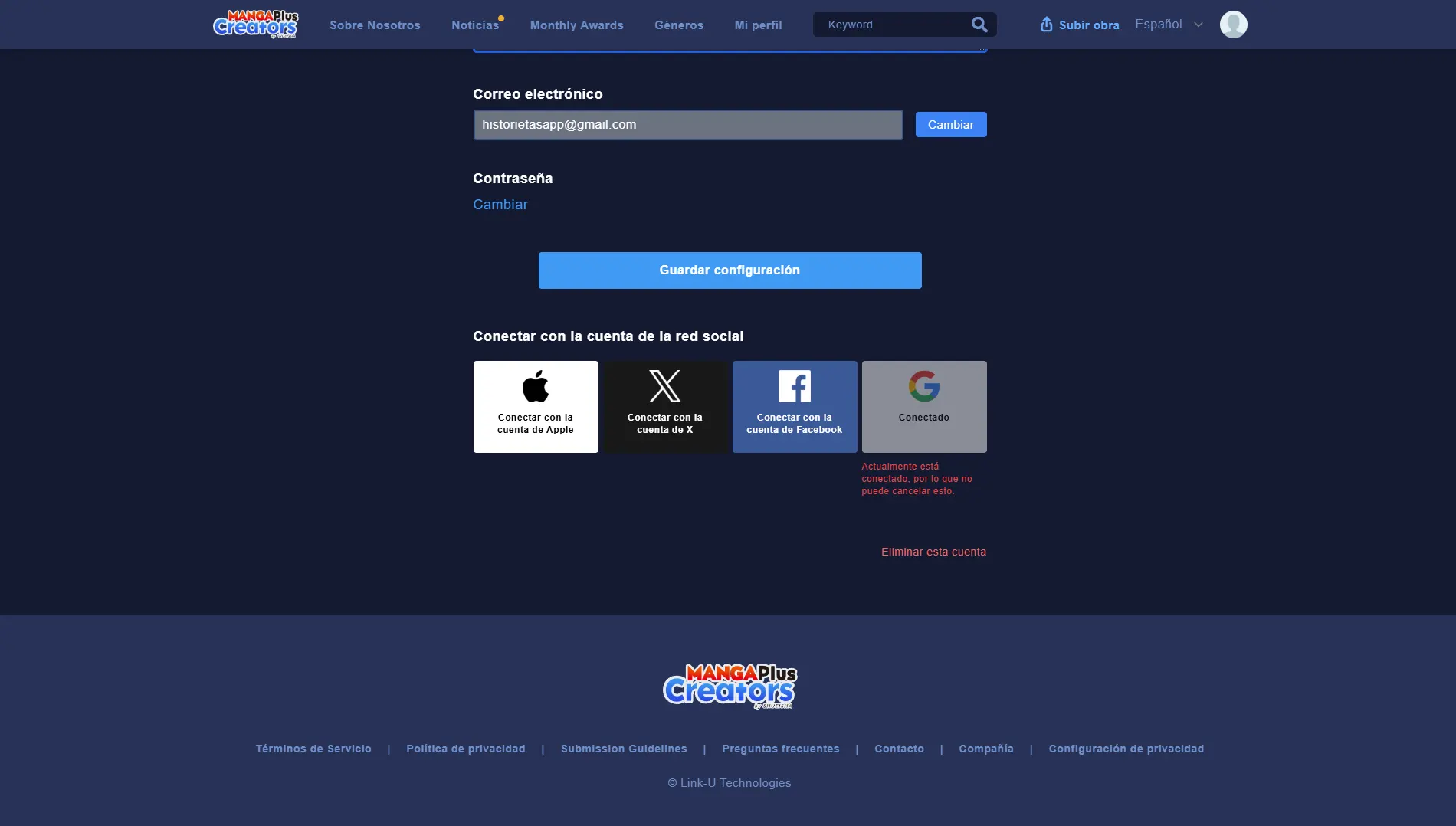 Manga Plus Creators Botón guardar configuración
