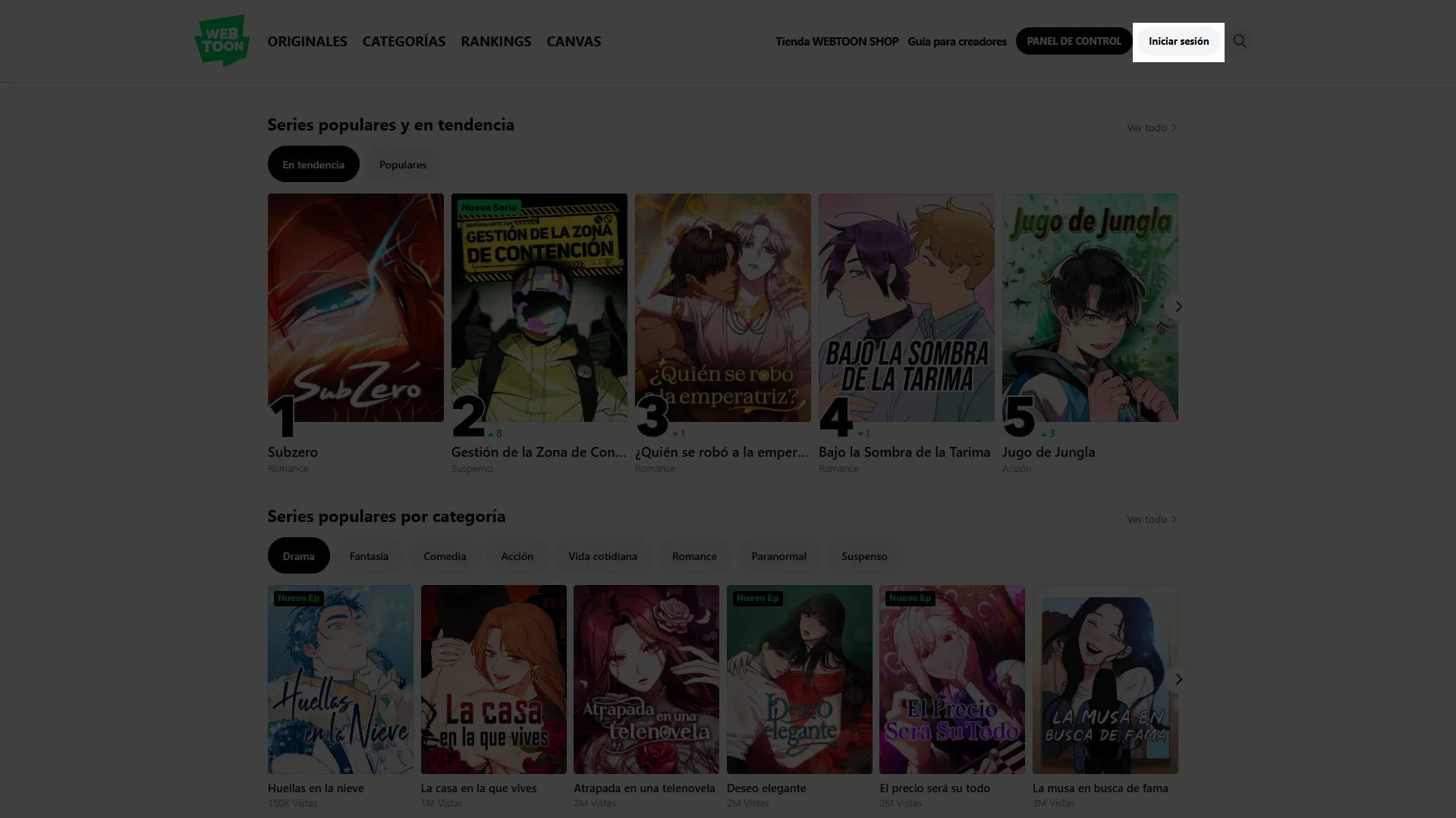 Publicar en Webtoon Botón Iniciar Sesión