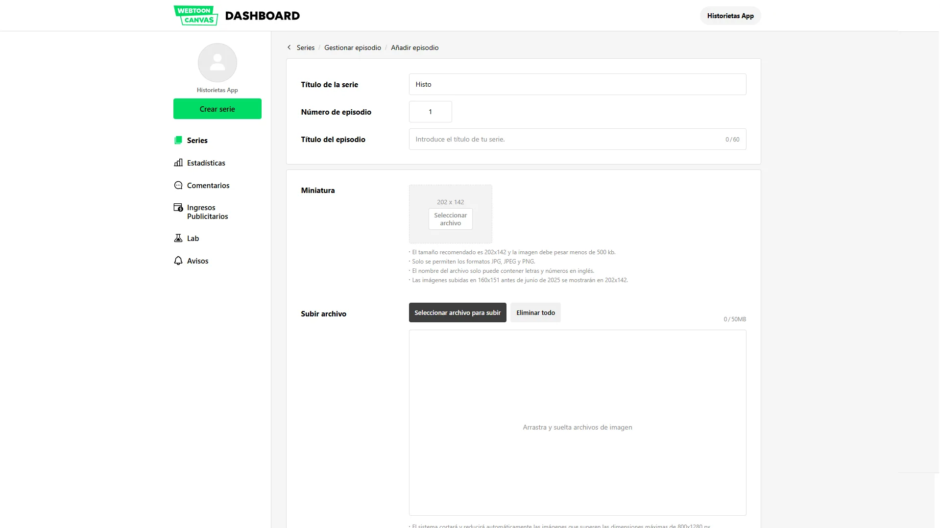 Publicar en Webtoon Formulario de Registro de Capítulo
