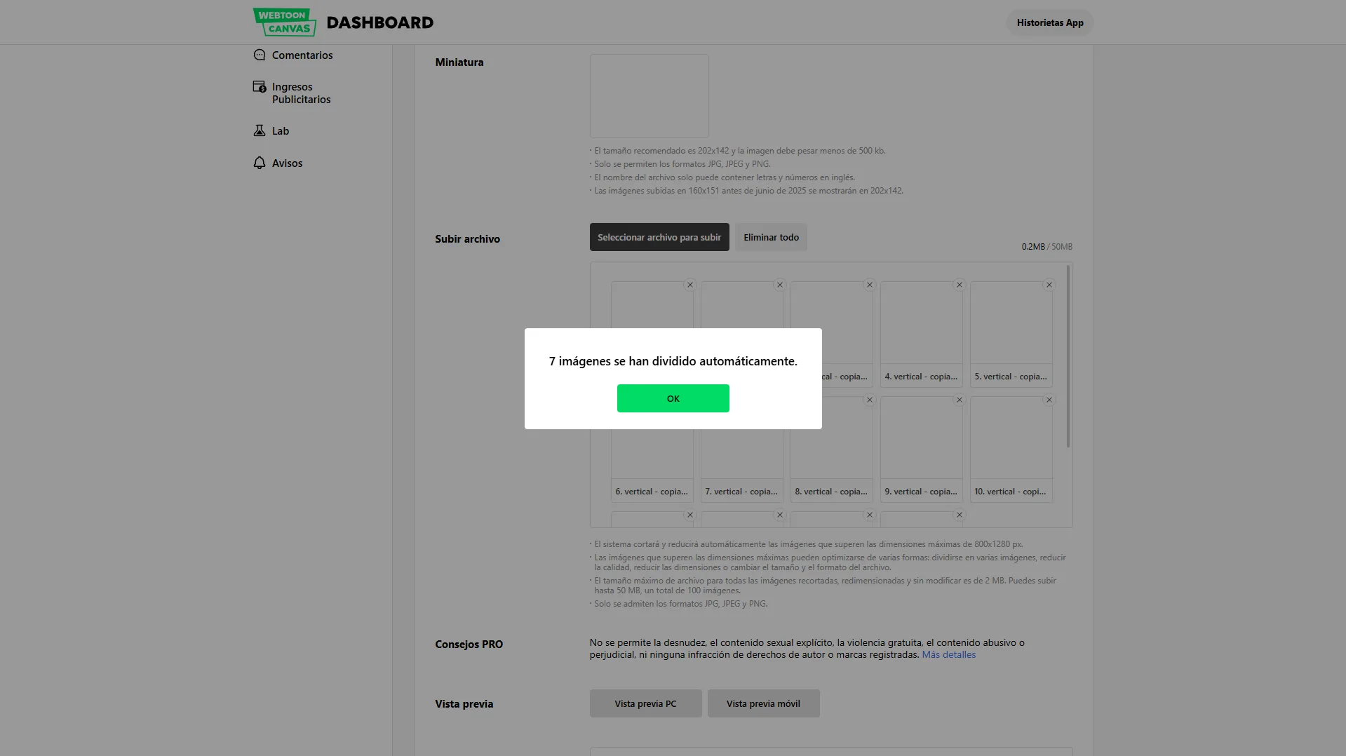 Publicar en Webtoon Subir imágenes del capítulo