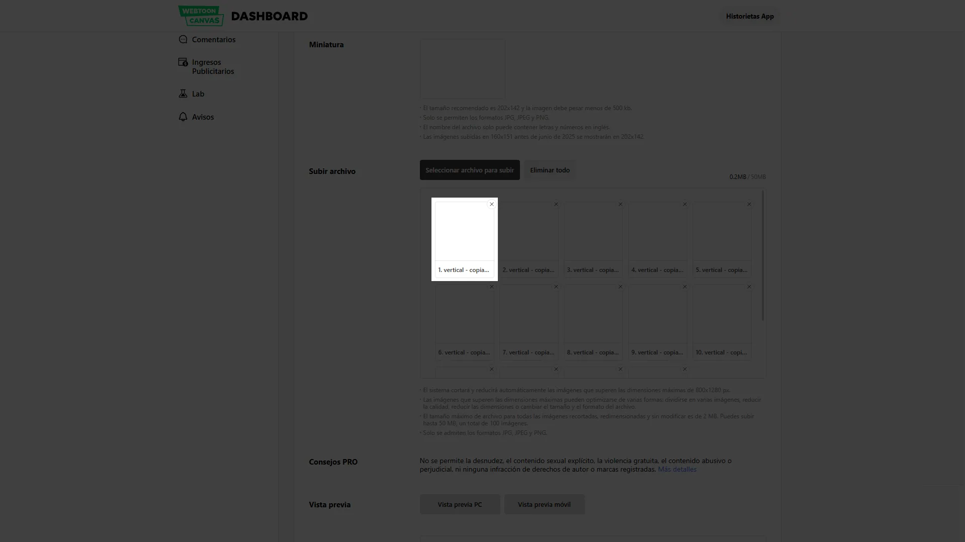 Publicar en Webtoon Gestionar Páginas del capítulo