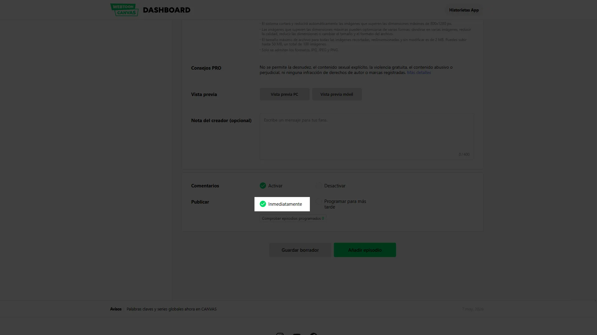 Publicar en Webtoon Publicar ahora el capítulo