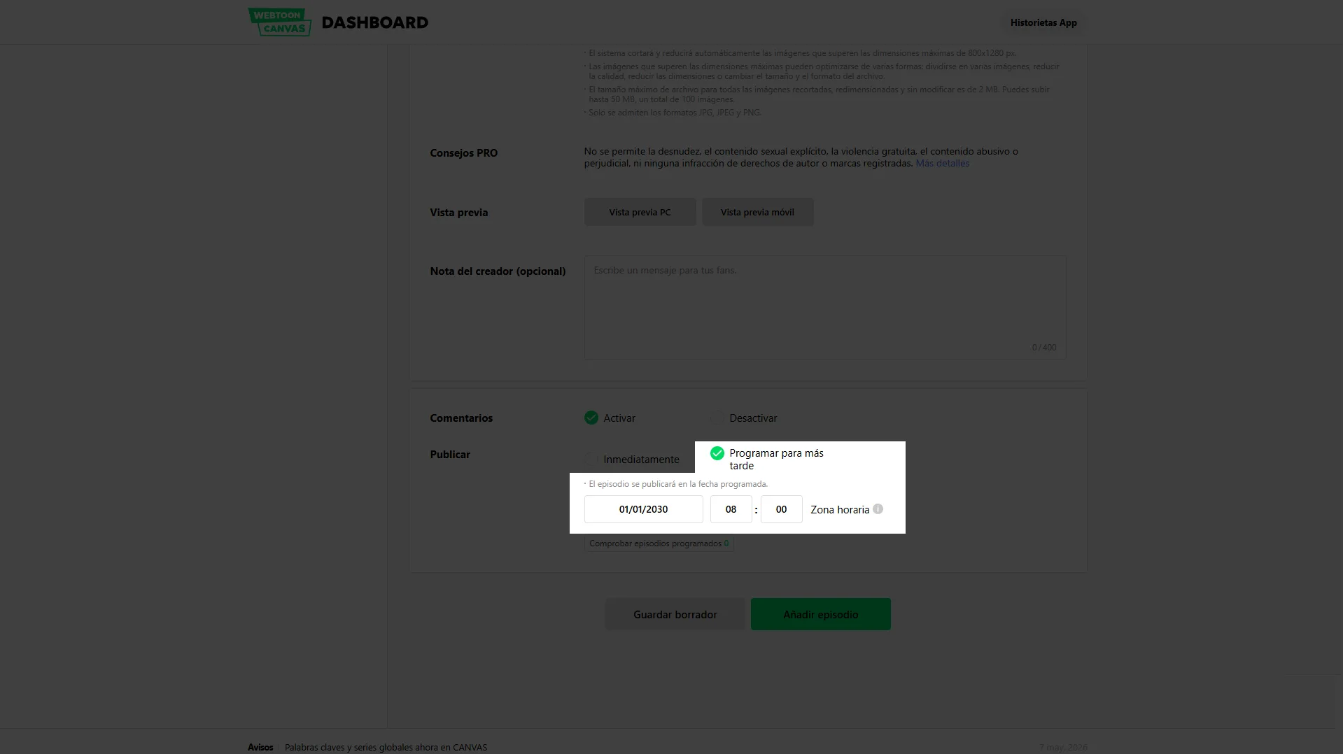 Publicar en Webtoon Programar capítulo