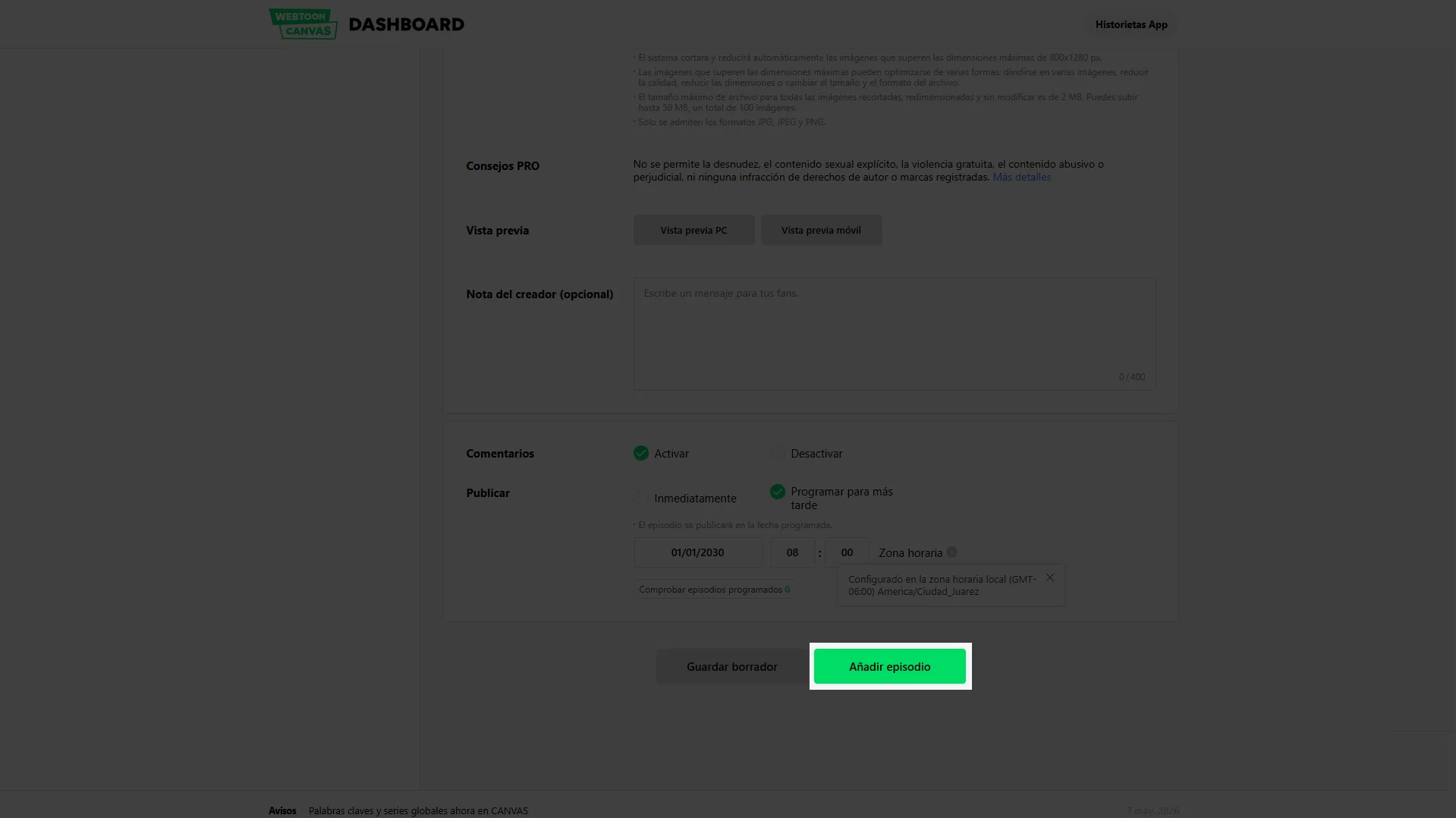Publicar en Webtoon Publicar o Programar Capítulo