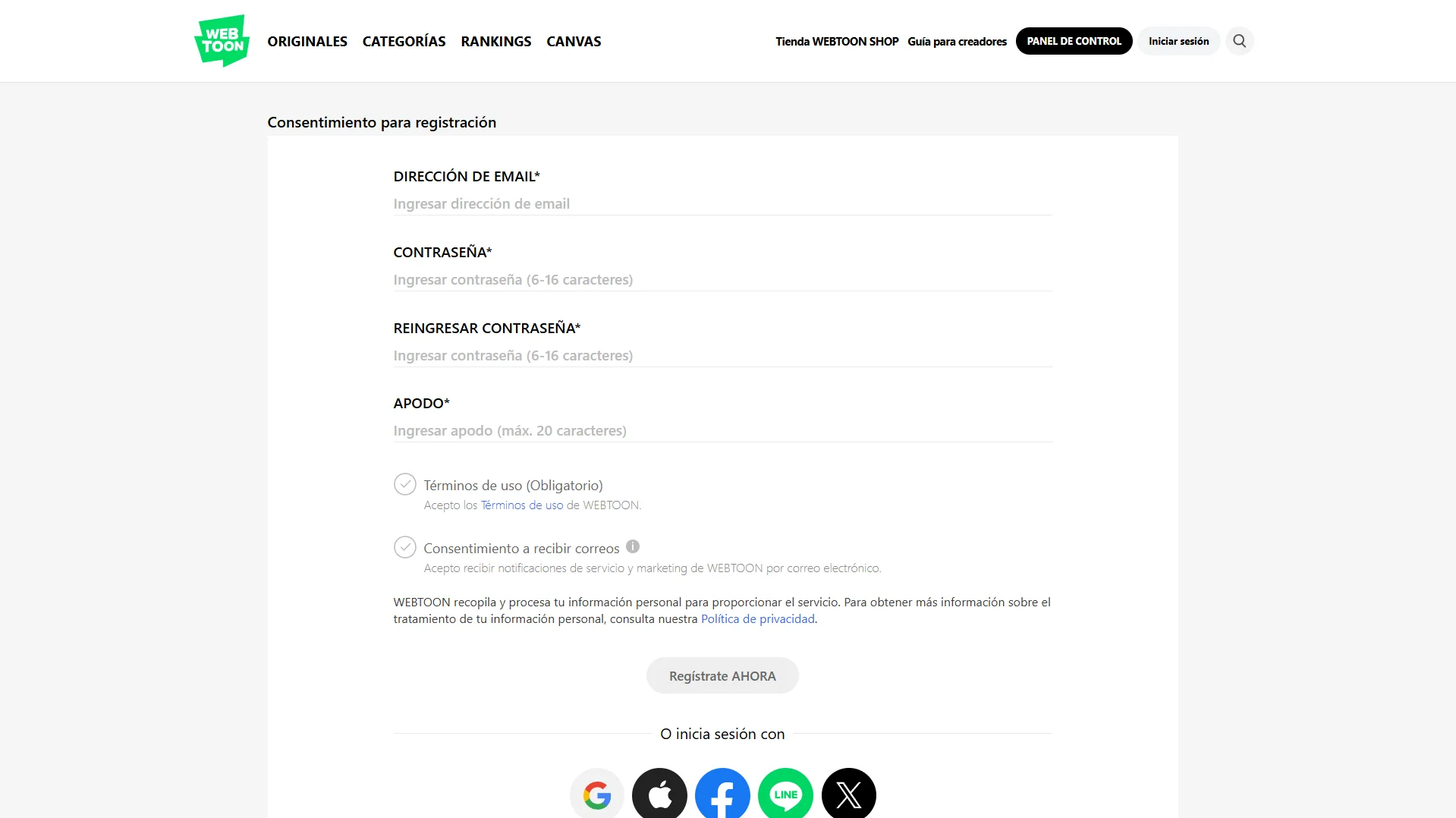 Publicar en Webtoon Formulario de Registro