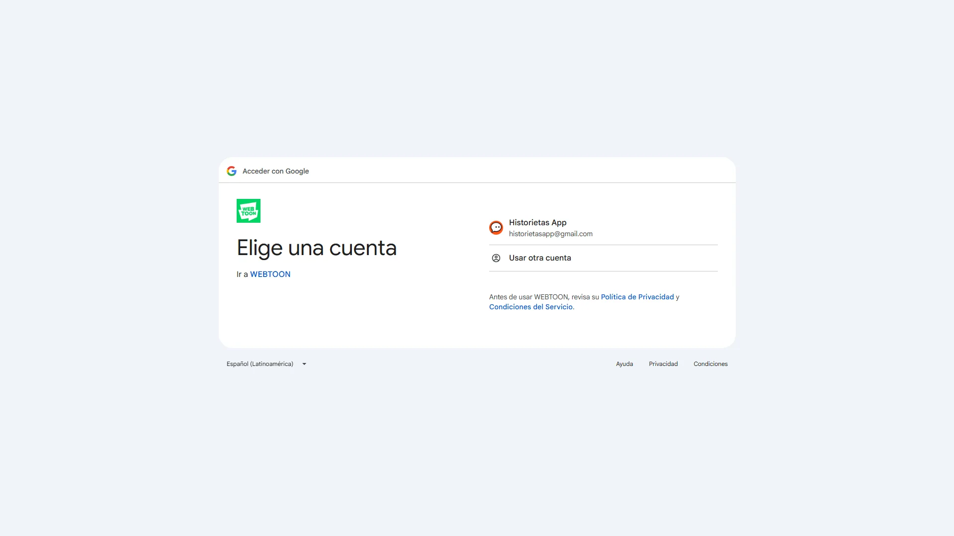 Publicar en Webtoon Elegir Cuenta de Google