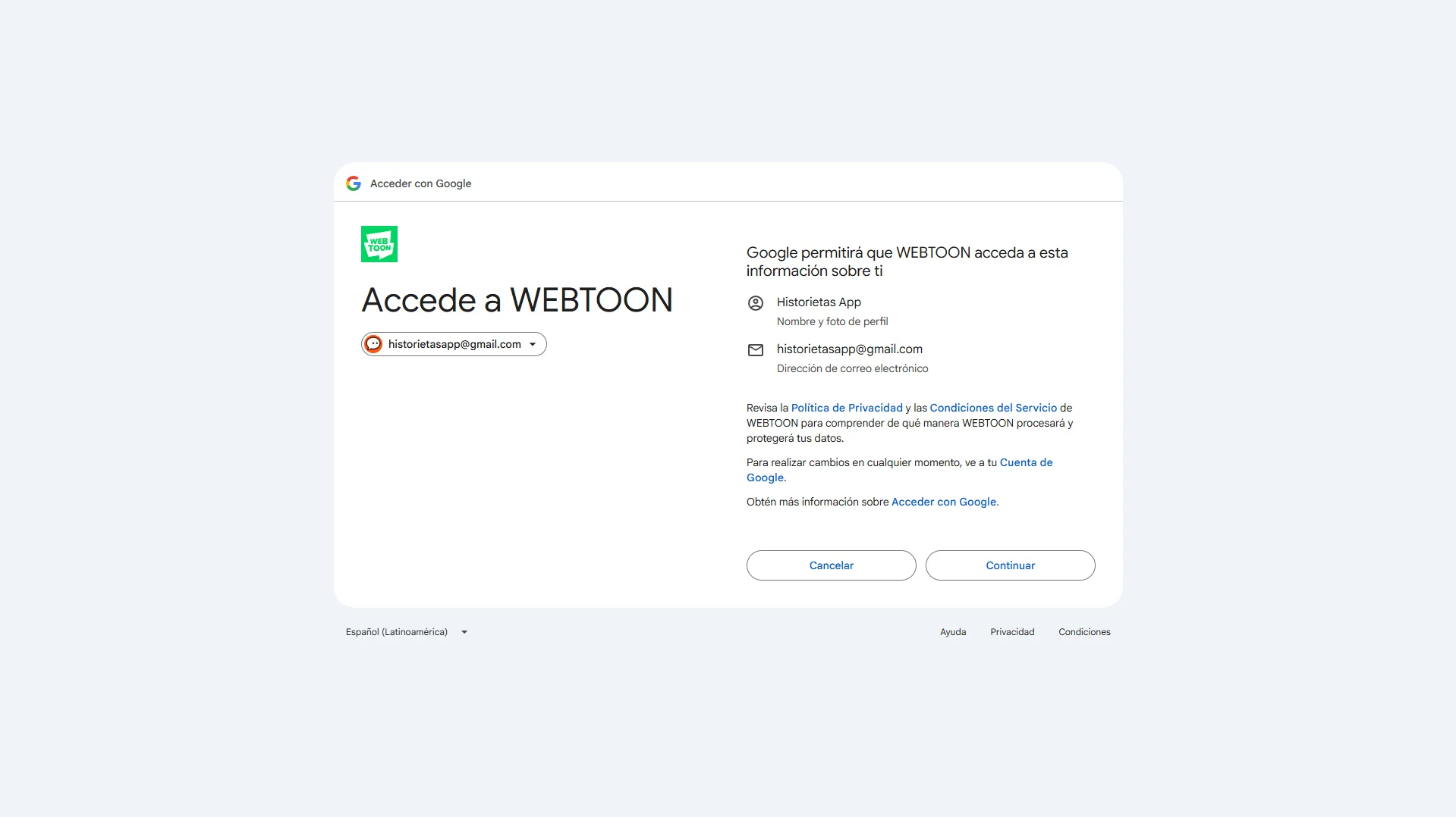 Publicar en Webtoon Autorizar Google