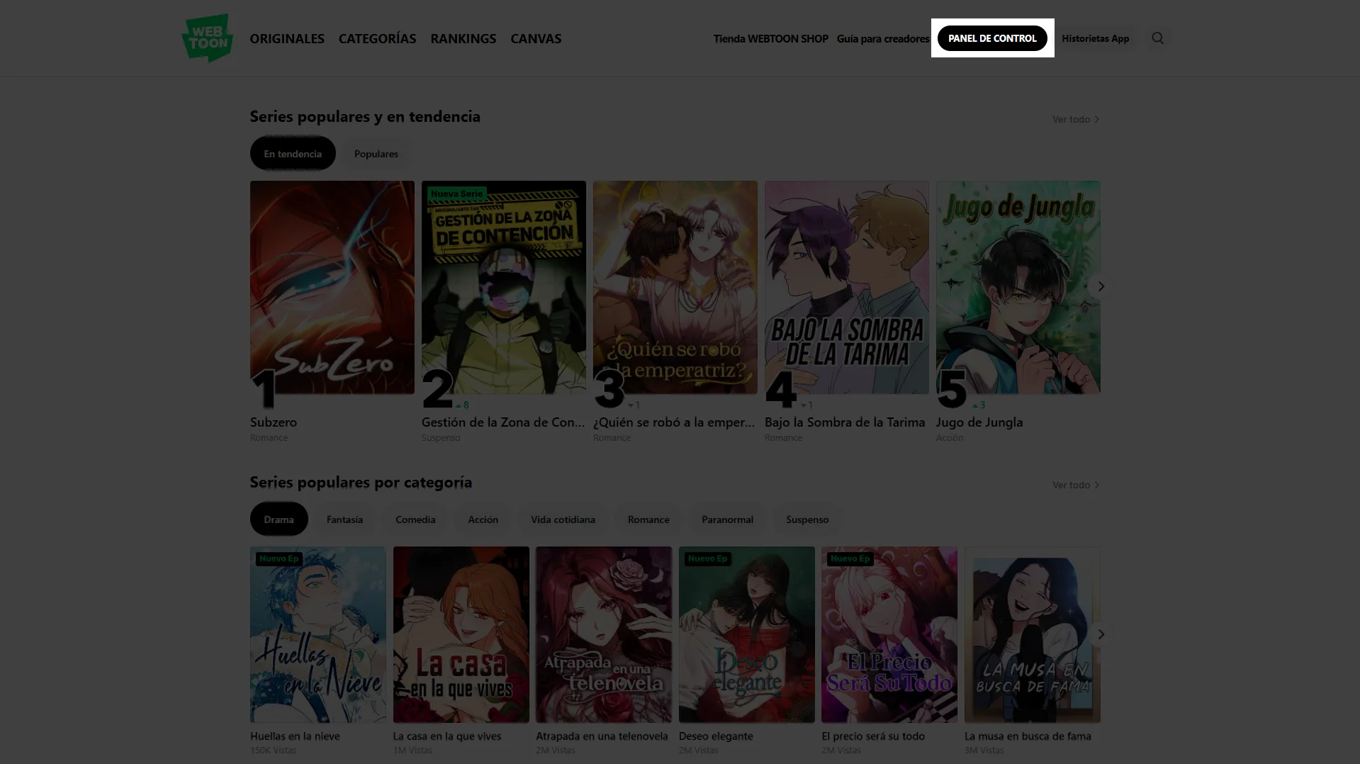 Publicar en Webtoon Entrar al Panel de Control